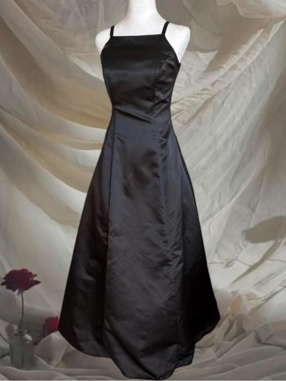 Vintage Urban Girl Nites Black Satin Maxi Dress with Bow Details
